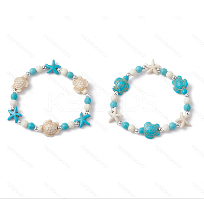 2Pcs 2 Colors Turtle & Starfish Synthetic Turquoise Beaded Stretch Bracelets for Men Women BJEW-JB11656-1