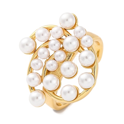Rack Plating Flower Brass ABS Imitation Pearl Open Cuff Rings for Women RJEW-S242-08G-1