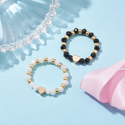 Glass Stretch Rings with Golden Plated Heart Brass Beads RJEW-JR00660-01-1