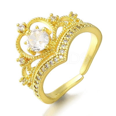 Rack Plating Crown Brass Micro Pave Clear Cubic Zirconia Open Cuff Rings for Women RJEW-H232-04G-1