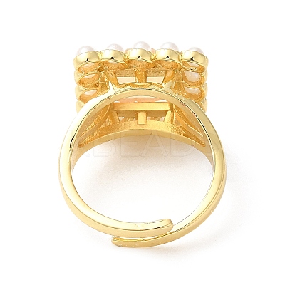 Ion Plating(IP) Natural Mixed Gemstone Square Adjustable Ring with Plastic Pearl Beaded RJEW-E075-04G-1
