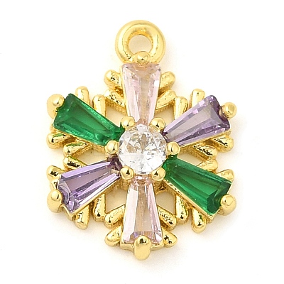 Snowflake Real 18K Gold Plated Rack Plating Brass Micro Pave Cubic Zirconia Pendants Charms KK-S396-11A-1