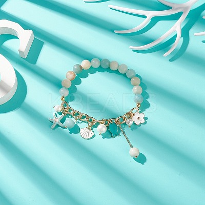 Natural Flower Amazonite & Shell Pearl Beaded Stretch Bracelet BJEW-TA00196-1