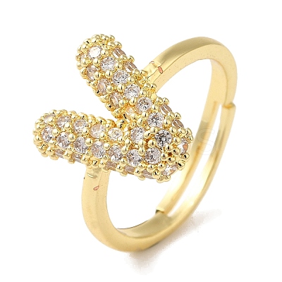 Rack Plating Letter Brass Micro Pave Clear Cubic Zirconia Adjustable Rings for Women KK-S391-03G-V-1