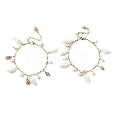 Natural Spiral Shell & Glass Pearl Charm Anklets AJEW-AN00567-1