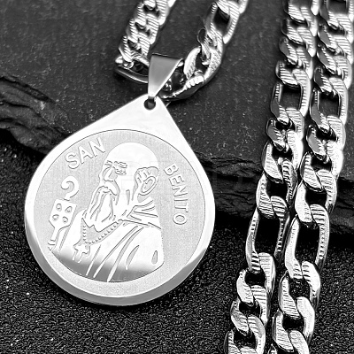Teardrop with Father St. Benedict Pattern 201 Stainless Steel Pendant Necklaces for Men Women LS-NJEW-K283-19P-1