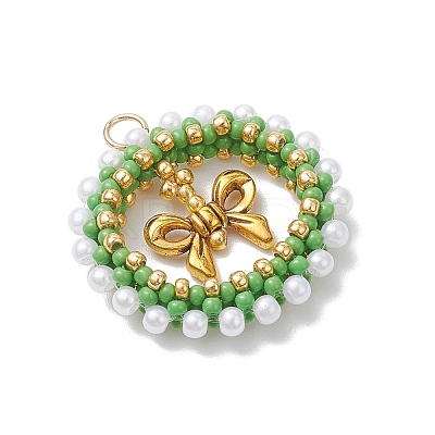 Glass Seed Beaded Christmas Wreath with Bowknot Pendants PALLOY-MZ01036-1