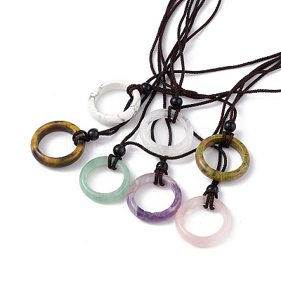 Natural Mixed Gemstone Ring Pendant Necklace with Nylon Cord for Women NJEW-F306-02-1
