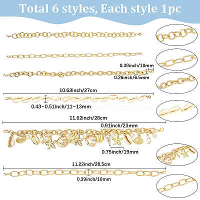 6Pcs 6 Styles Ocean Theme Cowrie Shell & Aluminum & Brass Alloy Cap Chain HJEW-SC0002-36-1