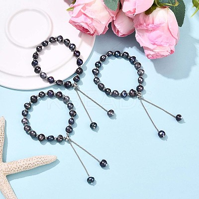 Adjustable Natural Pearl with Brass Chain Slider Bracelets for Women Girl BJEW-T022-16B-1