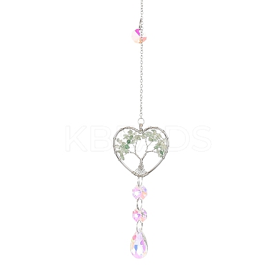 Wire Wrapped Natural Green Aventurine Heart with Tree of Life Pendant Decorations HJEW-K046-02P-07-1