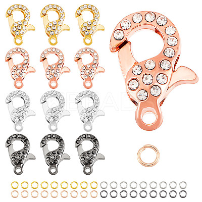 8Pcs 4 Colors Alloy Crystal Glass Rhinestone Lobster Claw Clasps with 40Pcs 4 Colors Iron Open Jump Rings ALRI-PH0001-25-1