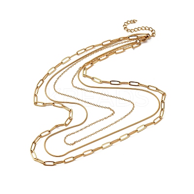 304 Stainless Steel Paperclip Chain 3 Layer Necklaces NJEW-T016-18G-1