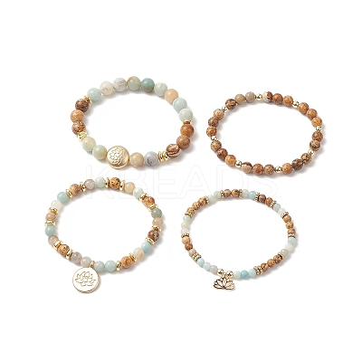 Natural Flower Amazonite & Picture Jasper Beaded Stretch Bracelets Sets with Non-Magnetic Synthetic Hematite BJEW-JB09280-1