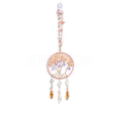 Natural Rose Quartz Chips Flat Round with Tree of Life Pendant Decorations LS-TREE-PW0003-16-1