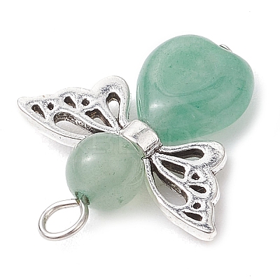 Natural Green Aventurine/Lapis Lazuli/Rose Quartz/Tiger Eye/Blue Spot Jasper/Synthetic Turquoise Heart Angel Pendants X-PALLOY-JF03186-01-1