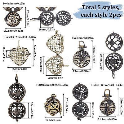 10Pcs 5 Styles Filigree Brass Cage Pendants KK-SC0003-77A-1