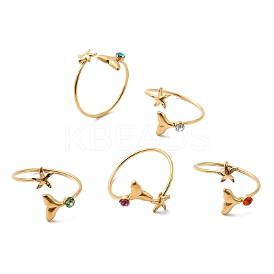 304 Stainless Steel with Glass Open Cuff Rings RJEW-K248-22G-1