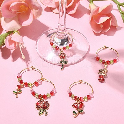 Valentine's Day Theme Rose Alloy Enamel Wine Glass Charms AJEW-JO00196-1
