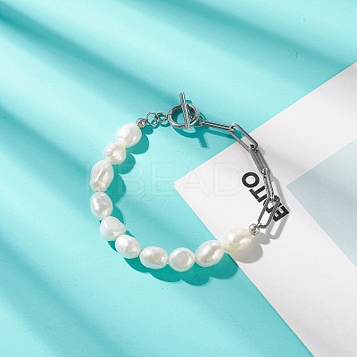 Natural Baroque Pearl Beaded Necklace & Bracelet with 304 Stainless Steel Paperclip Chains SJEW-JS01262-1