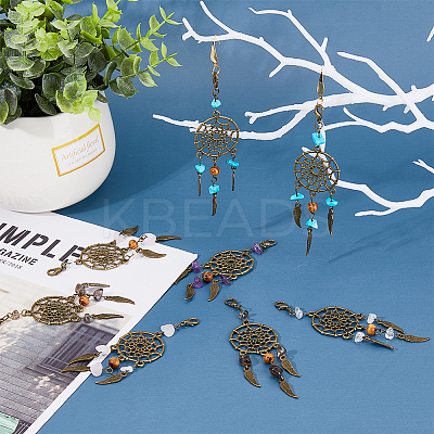 Tibetan Style Alloy & Gemstone Chip Woven Net/Web with Feather Pendant Decoration HJEW-AB00526-1