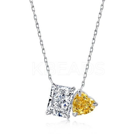 Rectangle & Heart Rhodium Plated 925 Sterling Silver Pave 8A Clear & Gold Cubic Zirconia Pendant Cable Chain Necklaces for Women NJEW-F330-02P-1