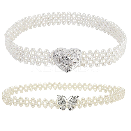 2Pcs 2 Style ABS Plastic Pearl Braided Stretch Chain Belts with Alloy Oval Clasp AJEW-CP0001-66-1