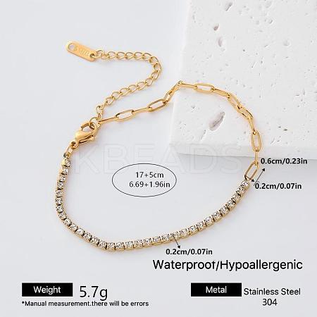 304 Stainless Steel Crystal Rhinestone Tennis Chain Paperclip Chain Bracelets for Women RB2528-3-1