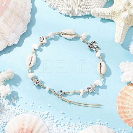 Beach Starfish Turtle Synthetic Magnesite & Natural Cowrie Shell Beaded Anklets AJEW-AN00687-03-1