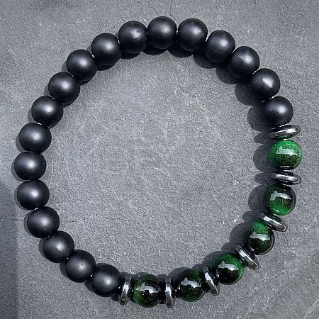 Natural Dyed Green Tiger Eye & Matte Black Obsidian Round Beads Stretch Bracelets for Men Women UT1293-1-1