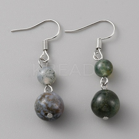 Natural Agate Round Beaded Dangle Earrings EJEW-WH0001-11J-1