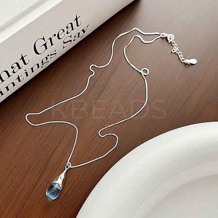 Steel Blue Teardrop Brass with Plastic Pendant Necklaces for Women FS-WG80BCE-01-1