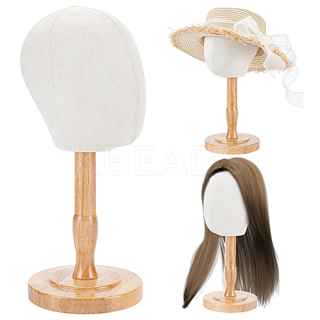 Desktop Head Shaped Wood Covered with Cloth Hat Display Racks AJEW-WH0816-104-1