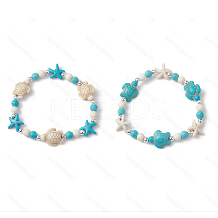2Pcs 2 Colors Turtle & Starfish Synthetic Turquoise Beaded Stretch Bracelets for Men Women BJEW-JB11656-1