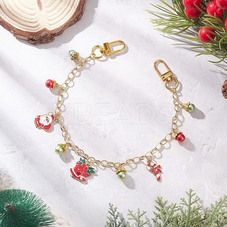 Alloy Enamel Santa Claus Christmas Bell Candy Cane Charm Brass Cable Chain Purse Decorative Chains AJEW-BA00170-1
