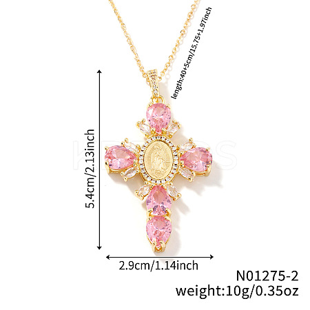 Brass Pave Cubic Zirconia Virgin Mary Cross Pendant Necklaces FU1040-2-1