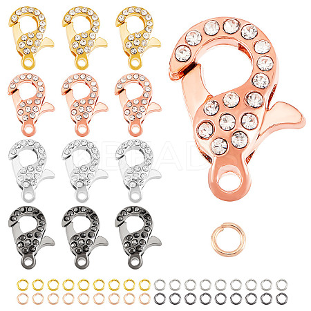 8Pcs 4 Colors Alloy Crystal Glass Rhinestone Lobster Claw Clasps with 40Pcs 4 Colors Iron Open Jump Rings ALRI-PH0001-25-1