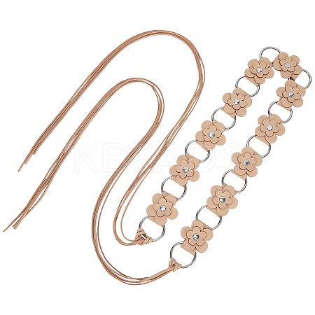 1Pc Imitation Leather Flower Brass Ring Link Chain Waist Belly Chains Belts for Women AJEW-CL0001-49A-1