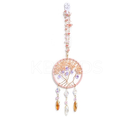Natural Rose Quartz Chips Flat Round with Tree of Life Pendant Decorations LS-TREE-PW0003-16-1
