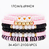 6Pcs Heart Pattern Polymer Clay & Plastic Pearl & CCB Plastic Beaded Stretch Bracelet Set for Women FS-WG634BB-09-1