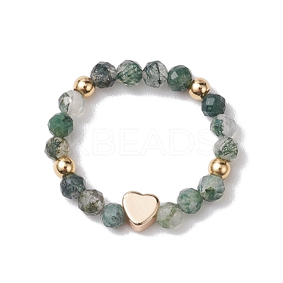 Round Natural Apatite & Green Aventurine & Amethyst & Moss Agate Beads Stretch Rings for Women RJEW-JR00714-01-1