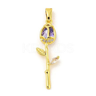 Rose Flower for Valentine's Day Real 18K Gold Plated Rack Plating Brass Micro Pave Cubic Zirconia Pendants KK-R153-01A-G-1