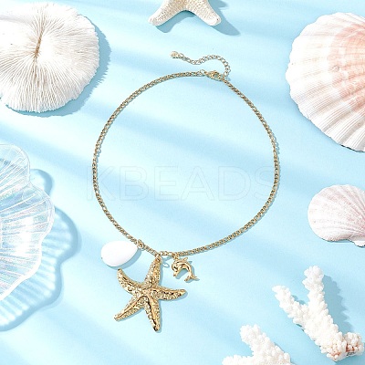 Summer Beach 304 Stainless Steel Starfish Dolphin & Natural Freshwater Shell Teardrop Pendant Necklaces for Women NJEW-JN05402-1