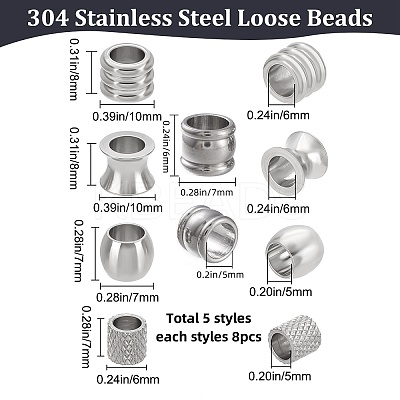40Pcs 5 Styles 201 & 304 Stainless Steel European Beads STAS-BBC0001-98-1