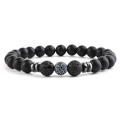 Round Natural Crakled Black Agate Beaded Stretch Bracelets for Women Men LS-XP2963-5-1