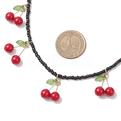 Natural Dyed Mashan Jade Red Cherry Pendant Glass Seed Beaded Necklaces for Women NJEW-TA00211-02-1