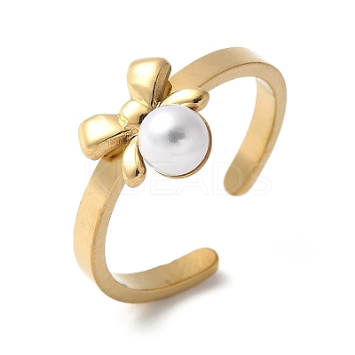 304 Stainless Steel Plastic Pearl Open Cuff Ring for Women LS-RJEW-Z088-05G-1