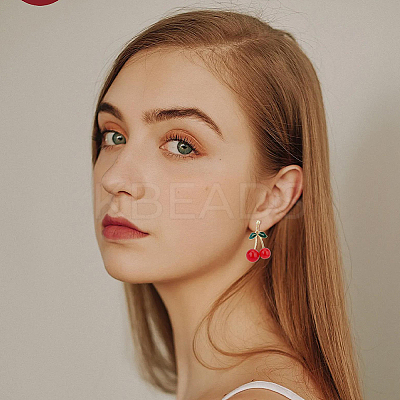 4 Pairs 4 Styles Foam & Glass & Acrylic Cherry Dangle Stud Earrings with Brass Pins EJEW-FI0002-88-1