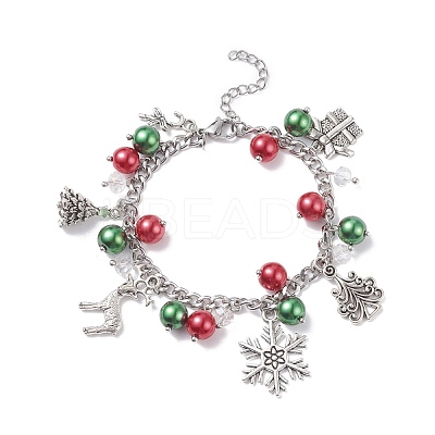 Christmas Gift Box & Tree & Snowflake & Reindeer Alloy Charm Bracelet with Glass Pearl BJEW-TA00097-1