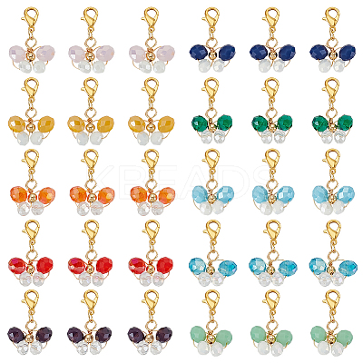 6 Sets Butterfly Copper Wire Wrapped Glass Pendant Decorations HJEW-GA0001-52-1